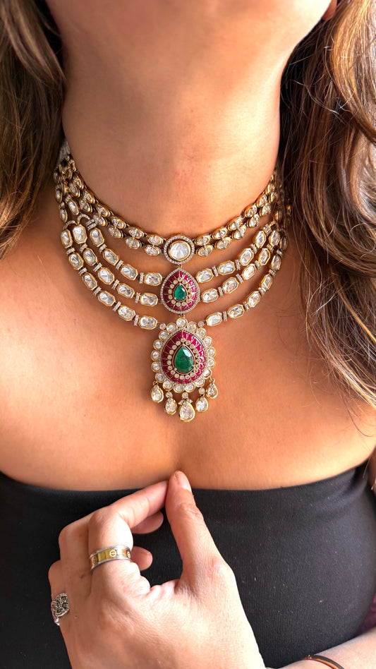Emerald & Ruby designer layer vintage necklace with polki detailing