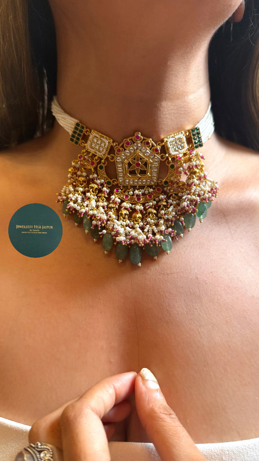 Paachi Royal Rani pink floral & emerald rajwada choker set