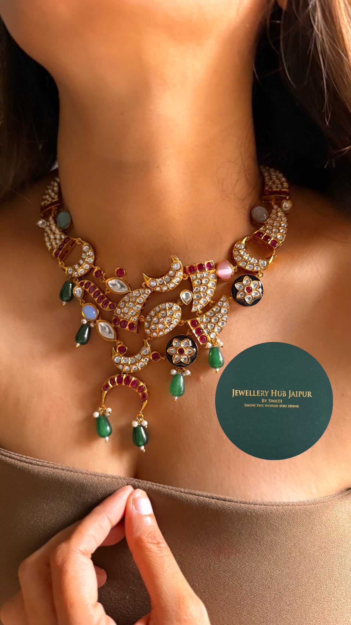 Sabyasachi inspired paachi half moon, Navratna necklace