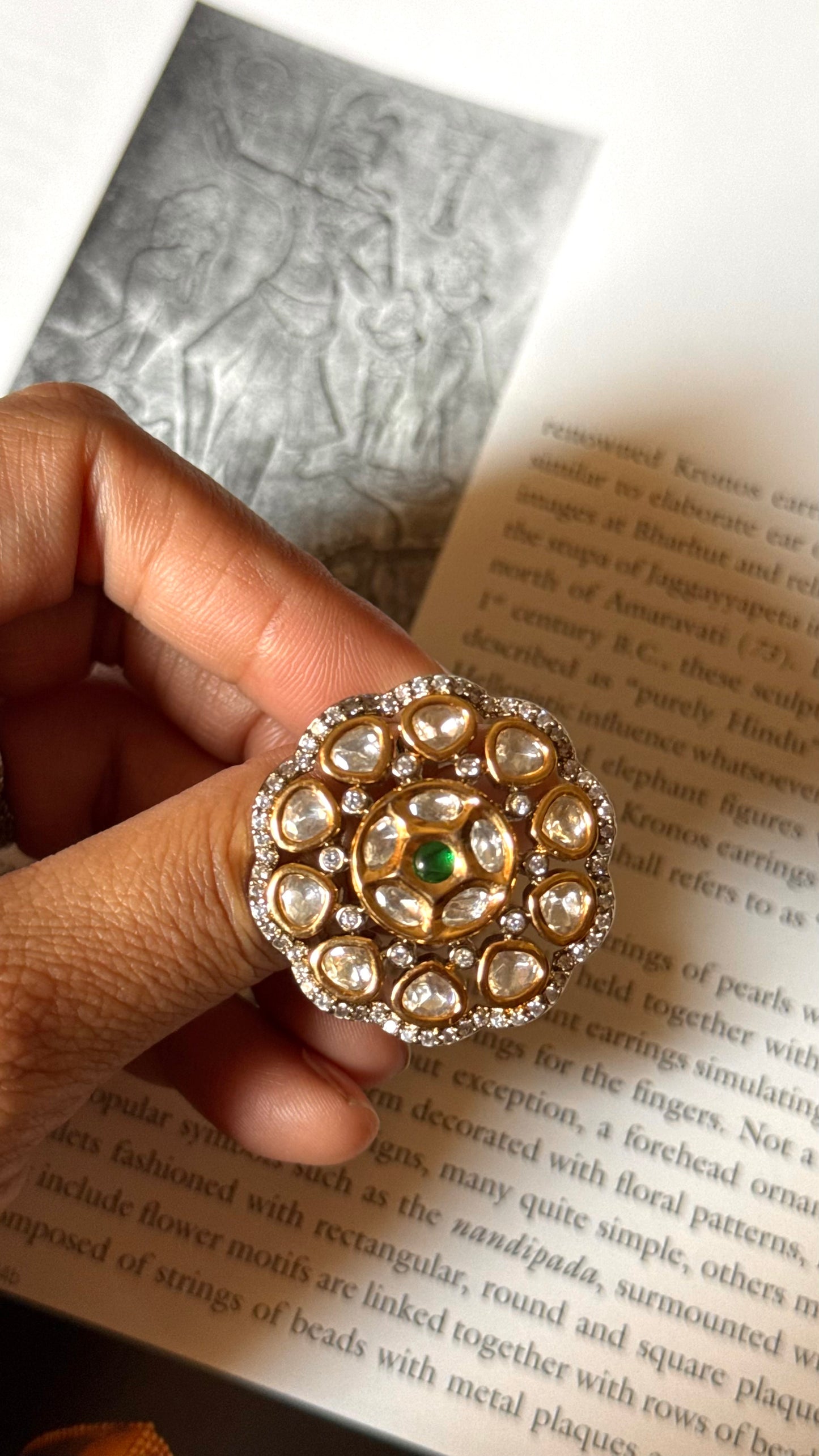 Emerald moissanite polki adjustable Ring