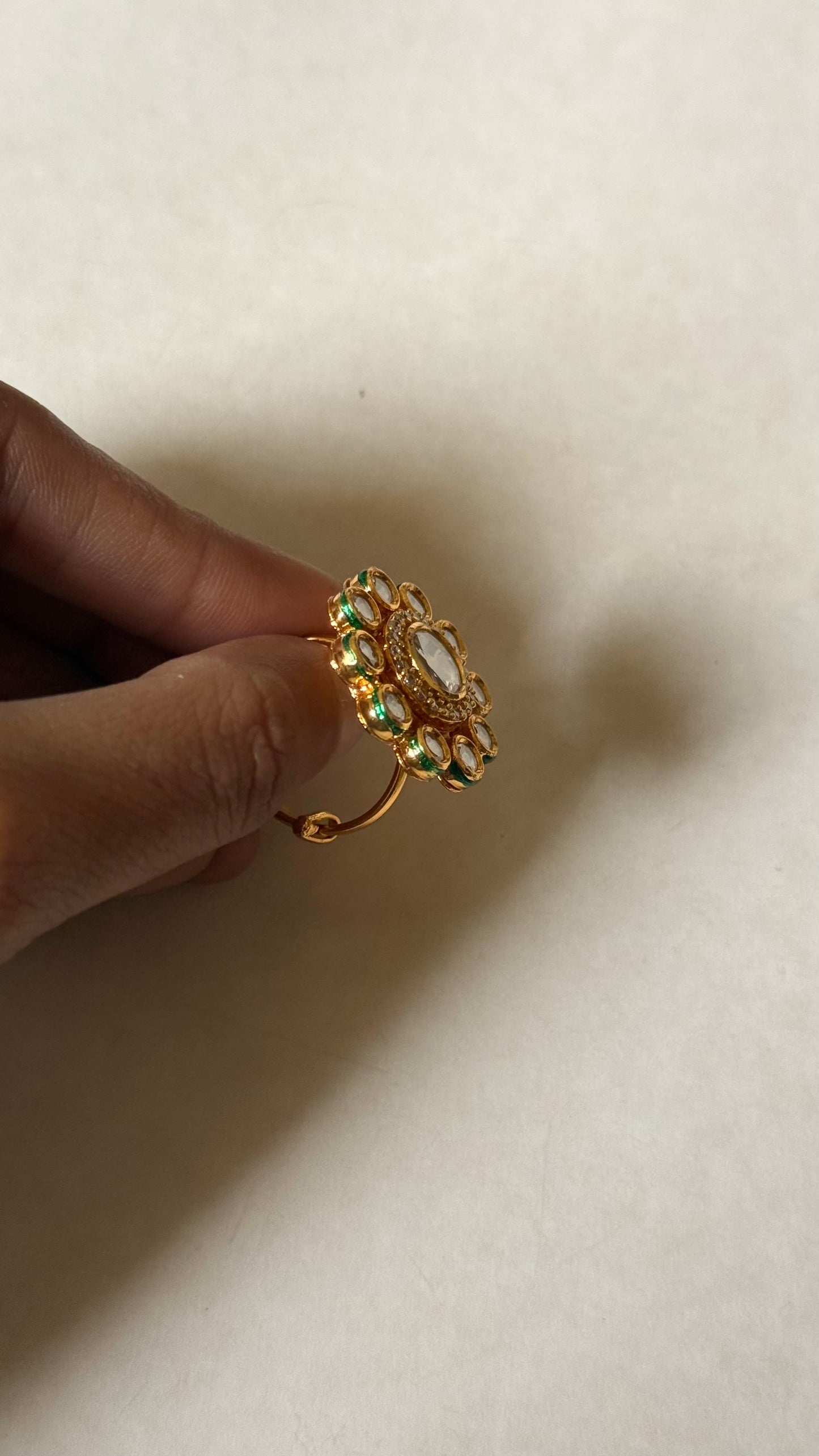Moissanite polki floral emerald meenakari adjustable ring