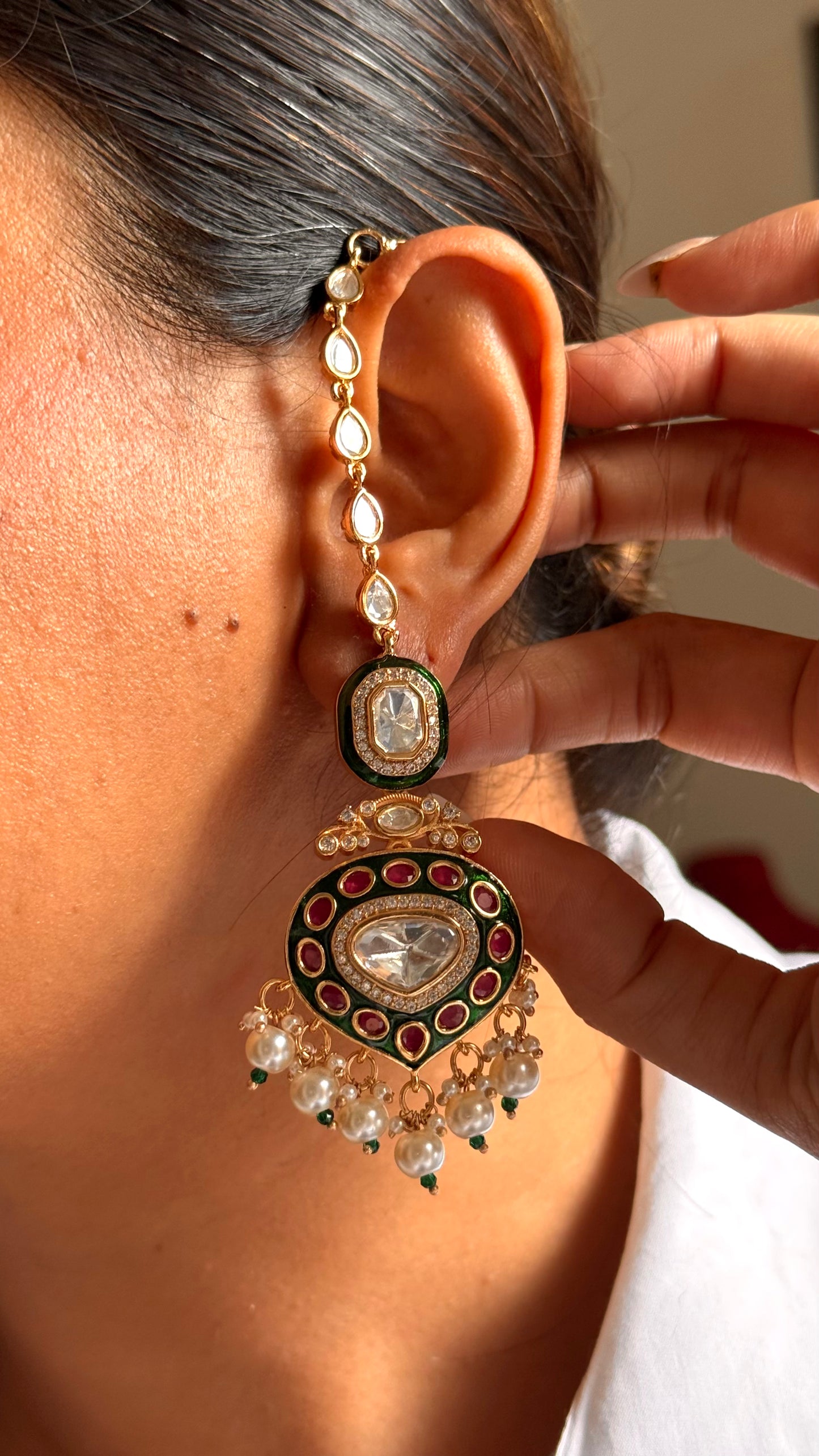 Emerald meenakari & ruby moissanite polki earrings