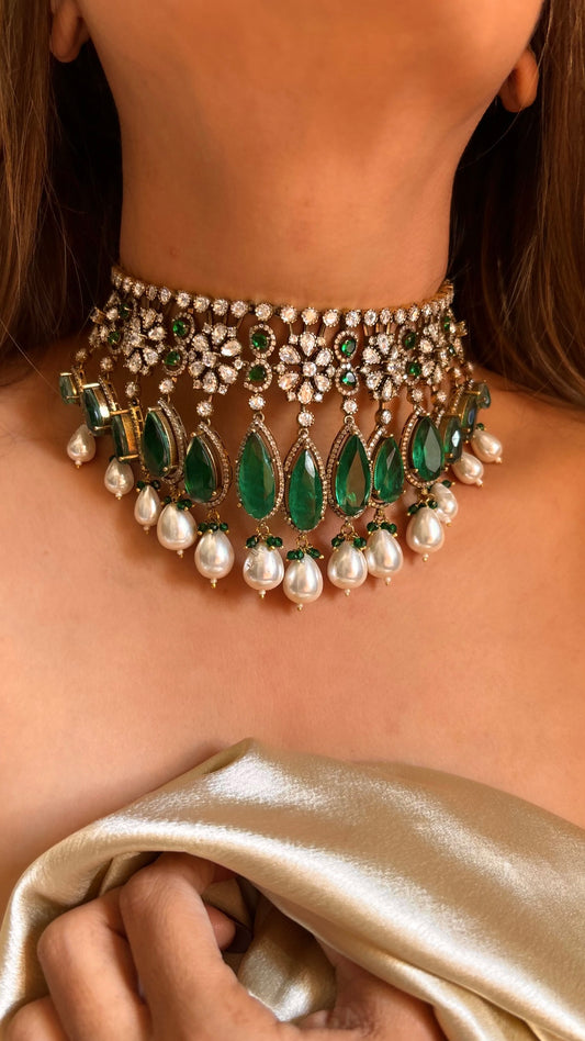 Emerald Moissanite victorian choker necklace with earrings