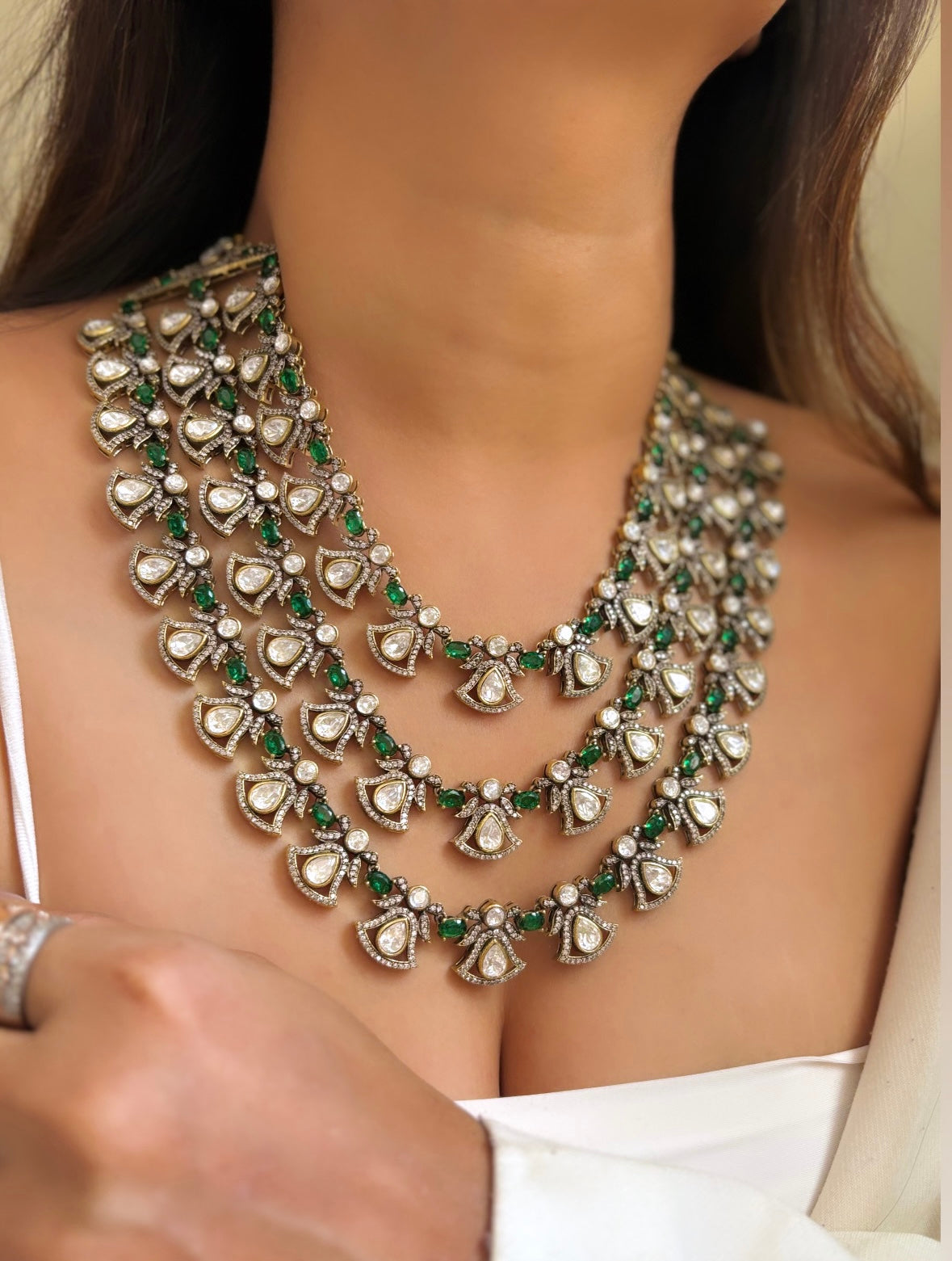 Emerald tripple layered collar necklace by