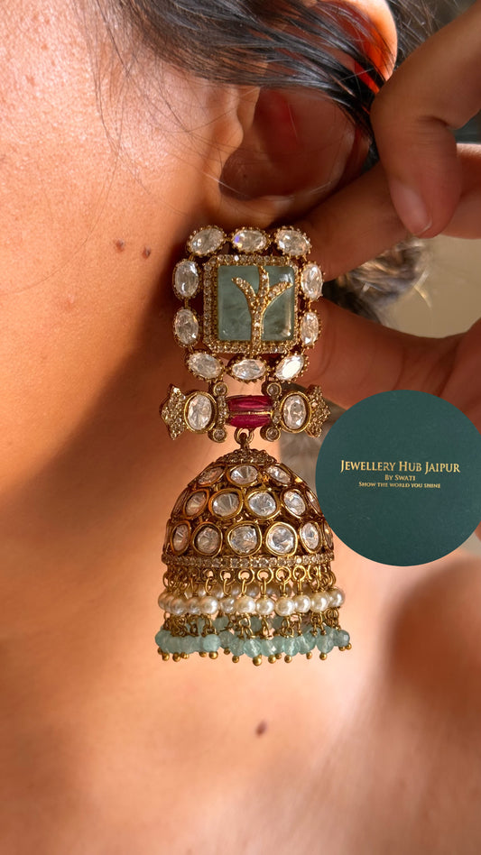 Mint doublet & ruby moissanite polki jhumka