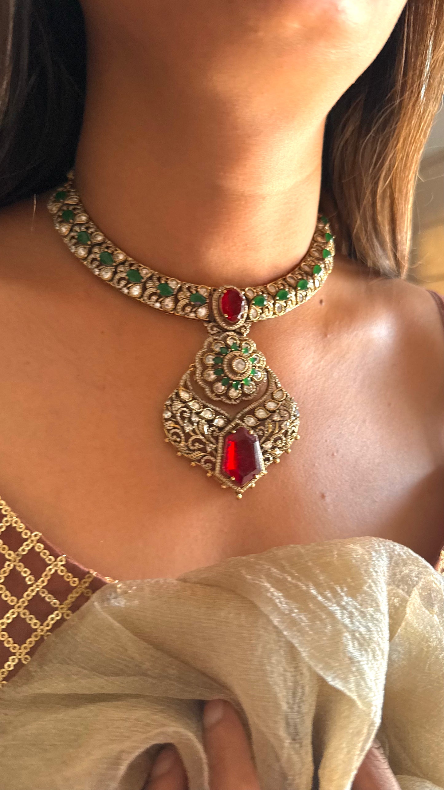 Laali- Ruby doublet & emerald polki moissanite collar necklace