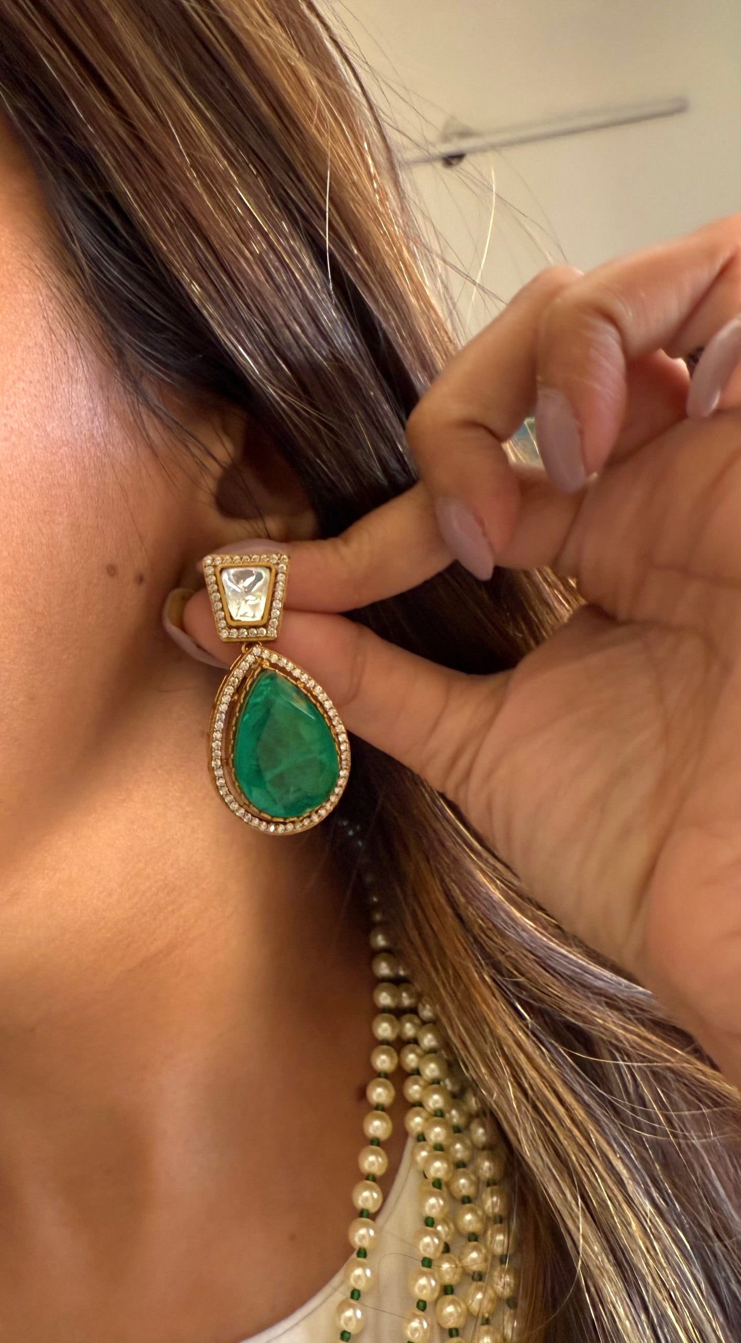 Iqra Emerald moissanite designer mid length pearl necklace