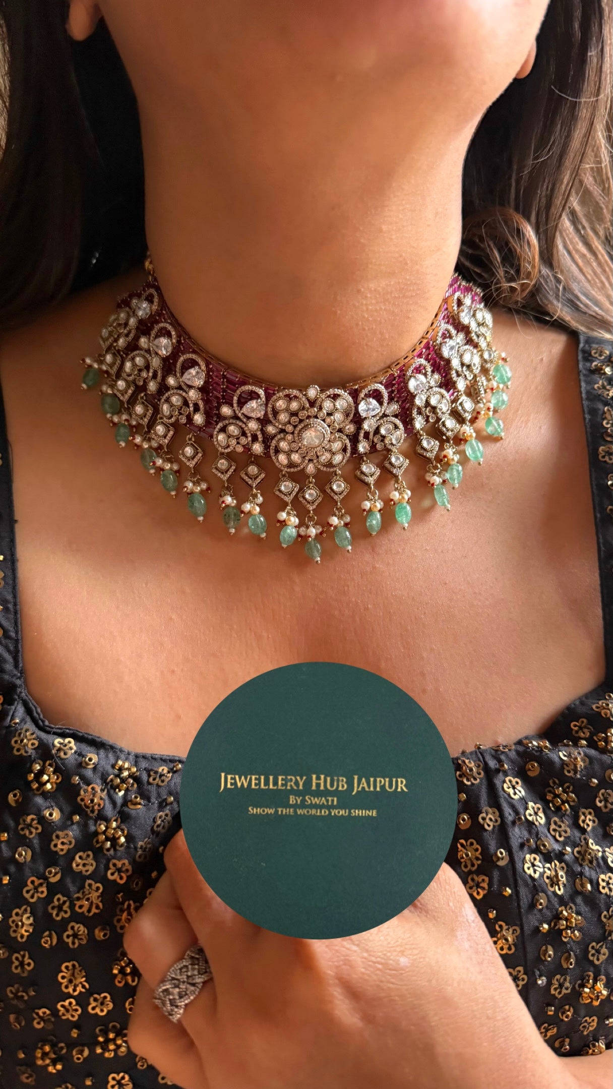 Rani pink ruby with mint drops choker Necklace