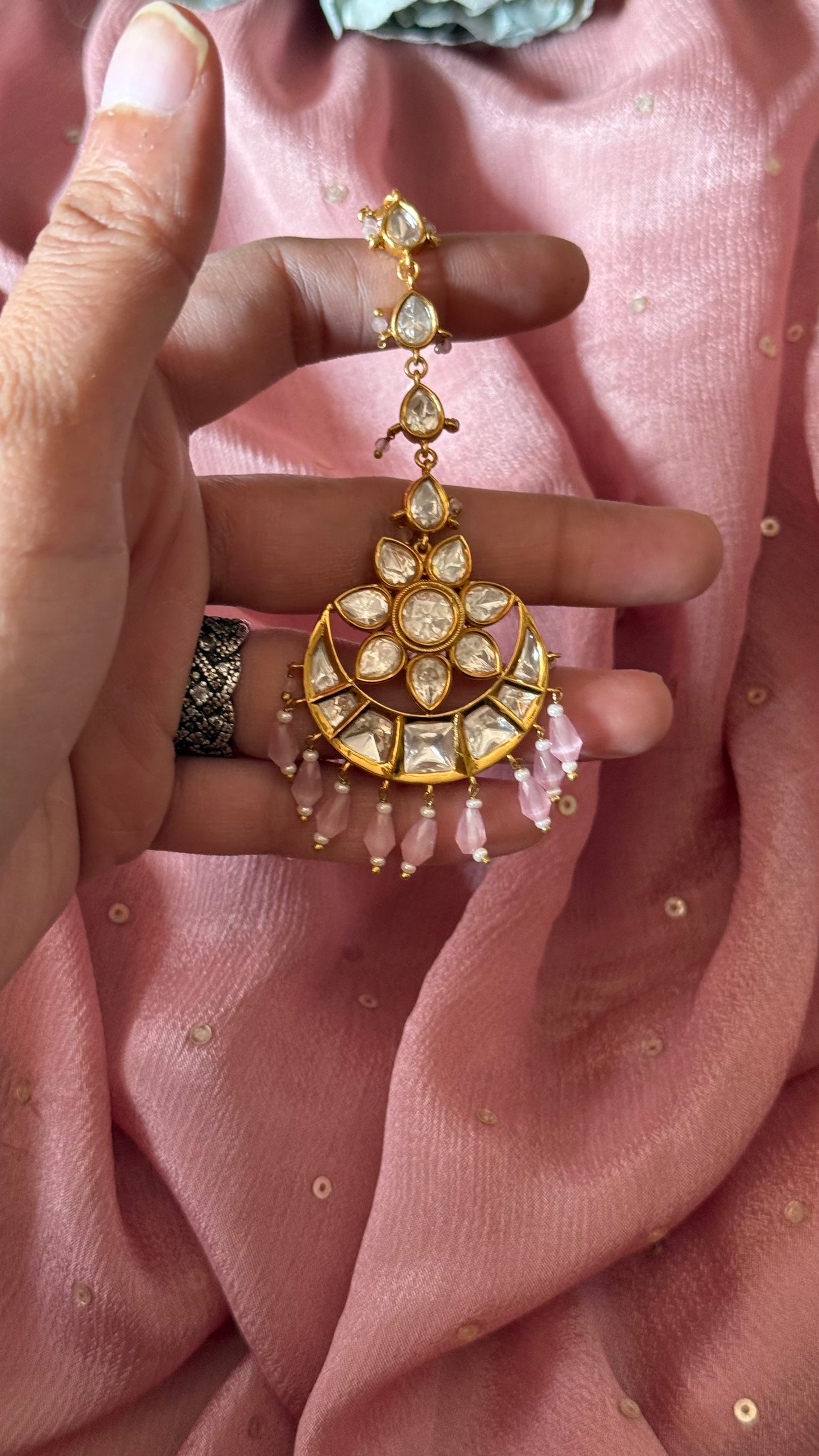 Rose quartz chandbali maangtika