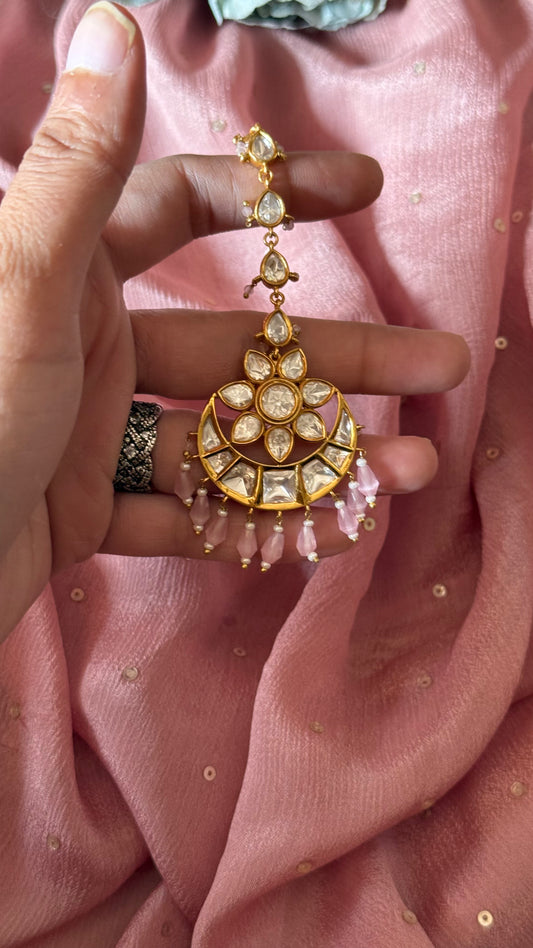 Rose quartz chandbali maangtika