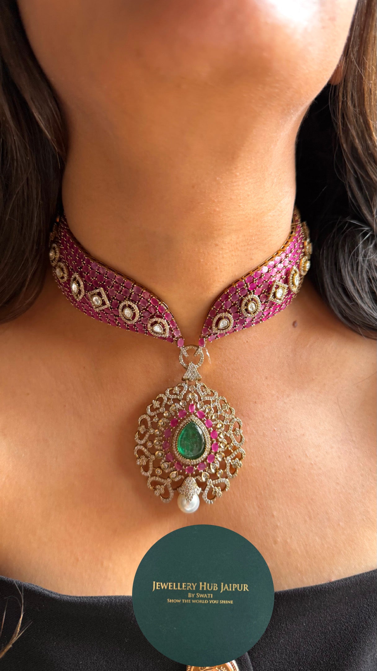 Emerald & rani pink with pearl cocktail Necklace