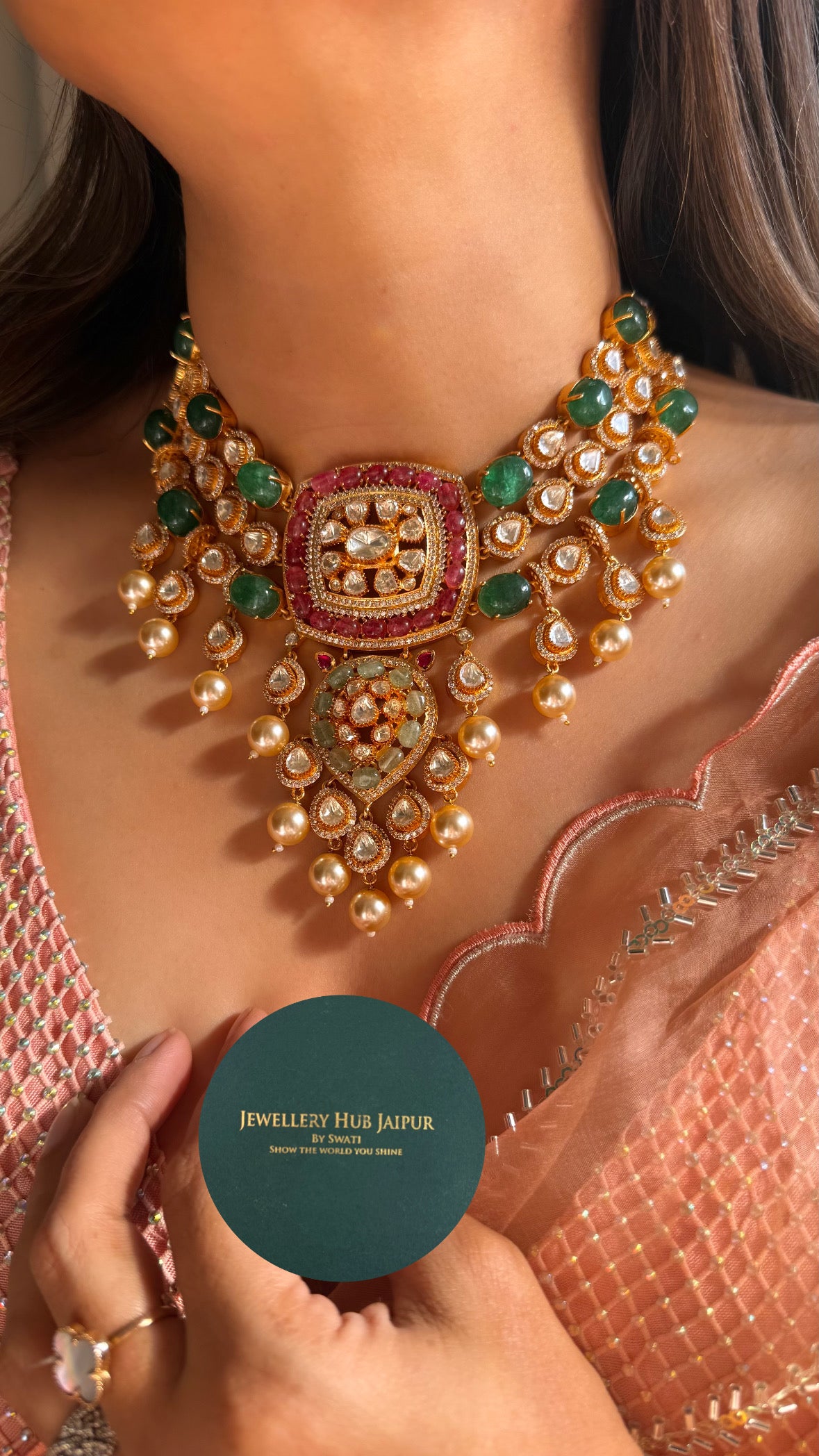 Real moissanite Ruby & Emerald designer polki necklace