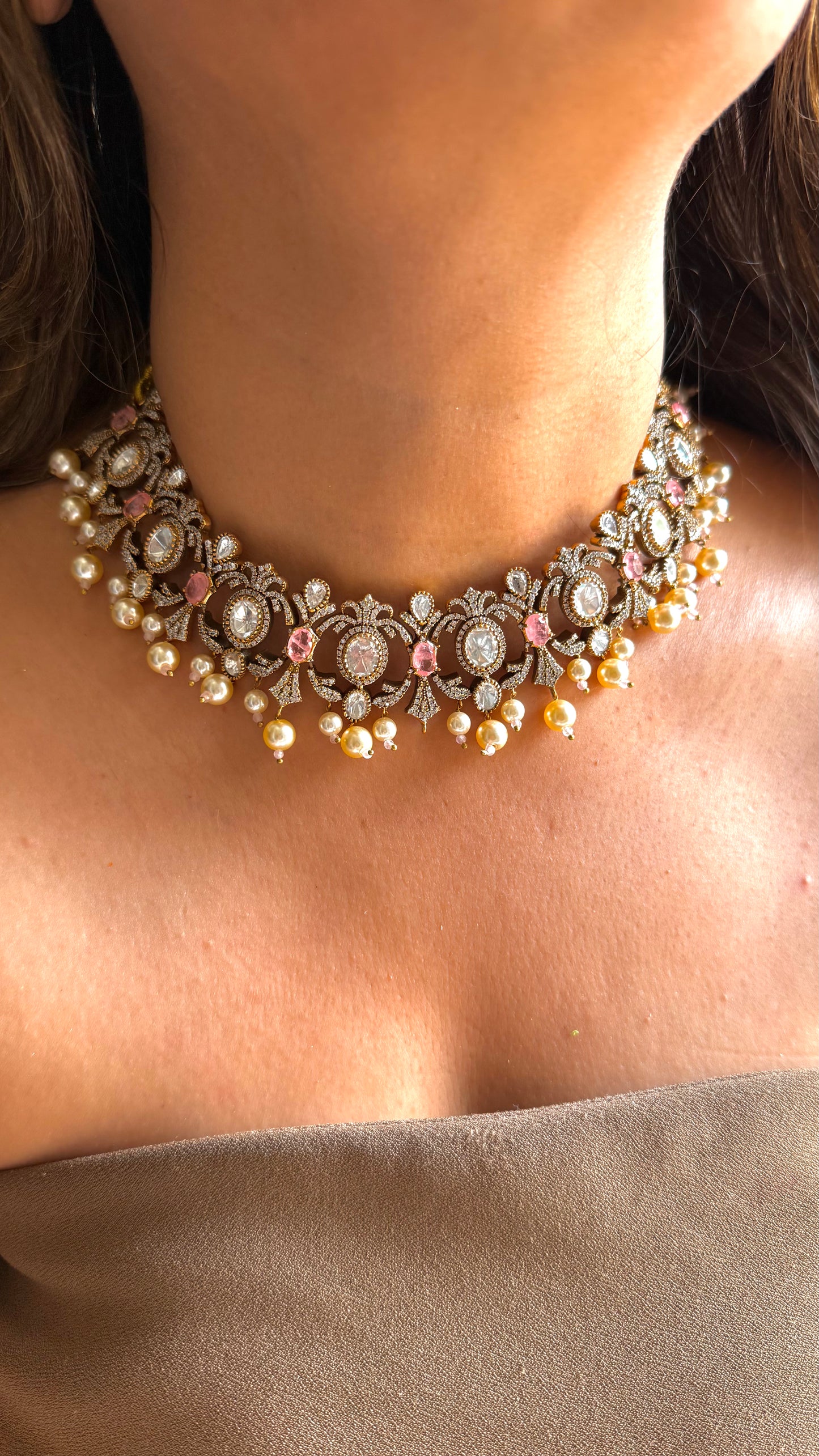 Rose Quartz victorian necklace with pearl detailing