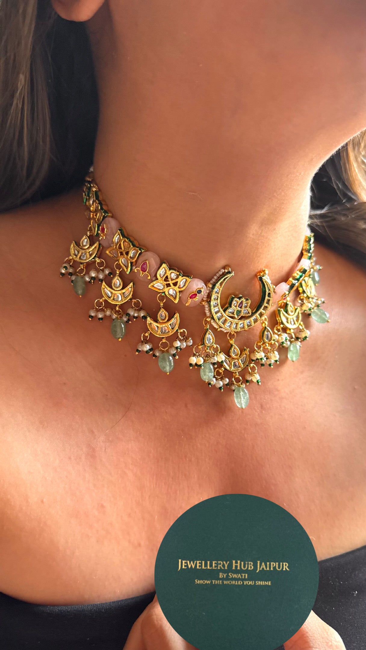 Rose quartz inlay with mint drops meenakari work choker Necklace