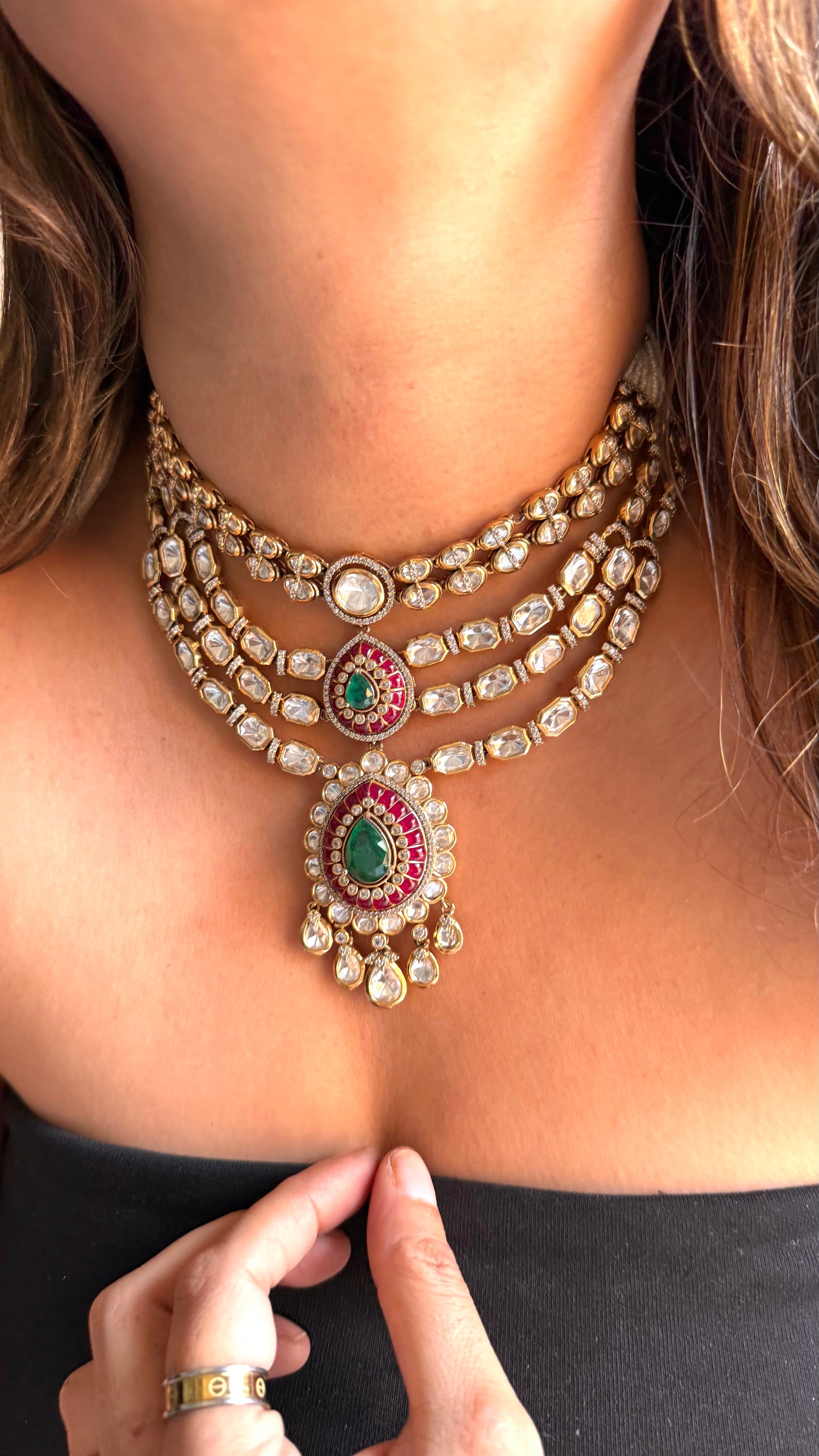Emerald & Ruby designer layer vintage necklace with polki detailing