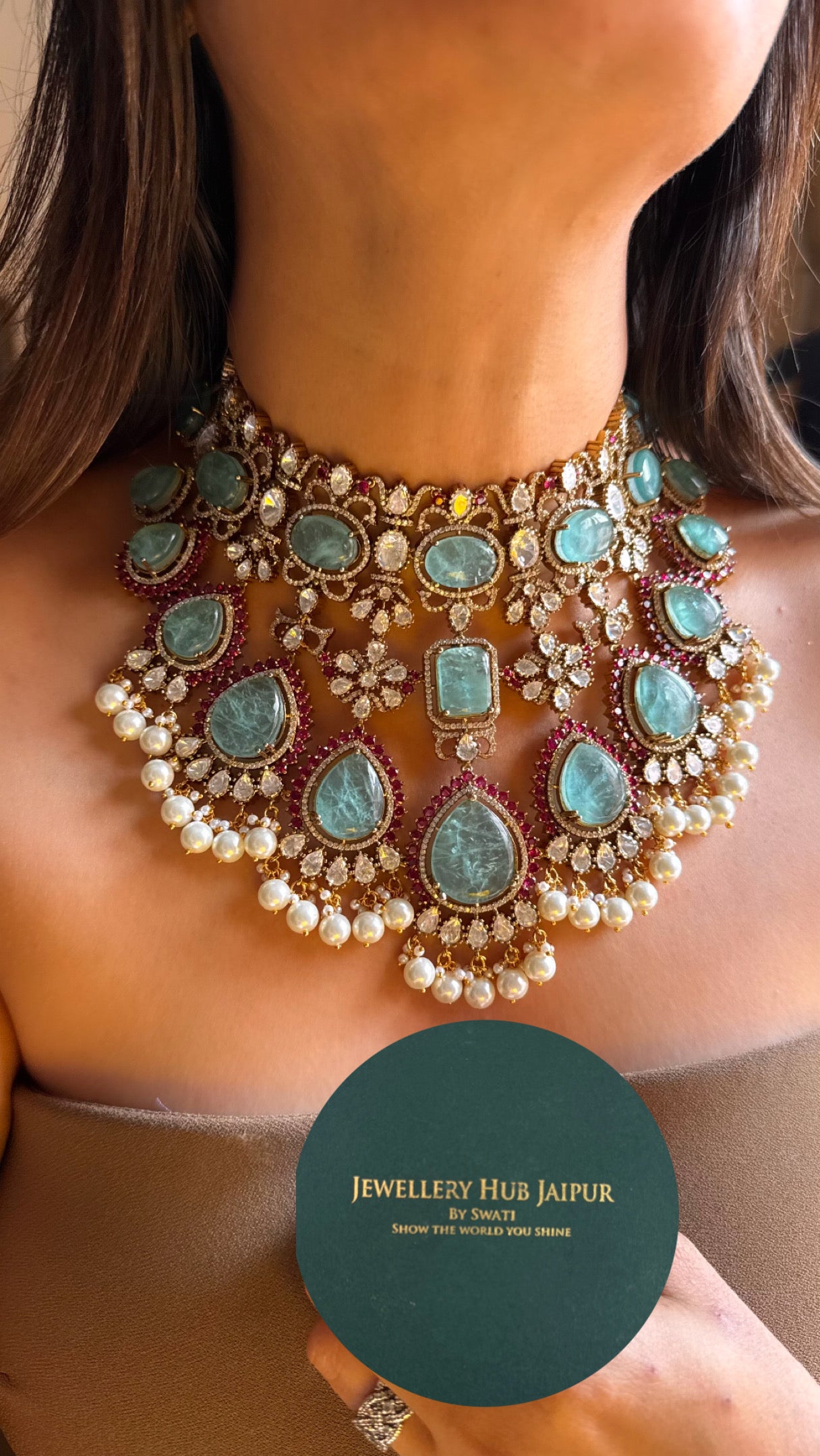 Celebrity inspired mint & rani pink statement necklace