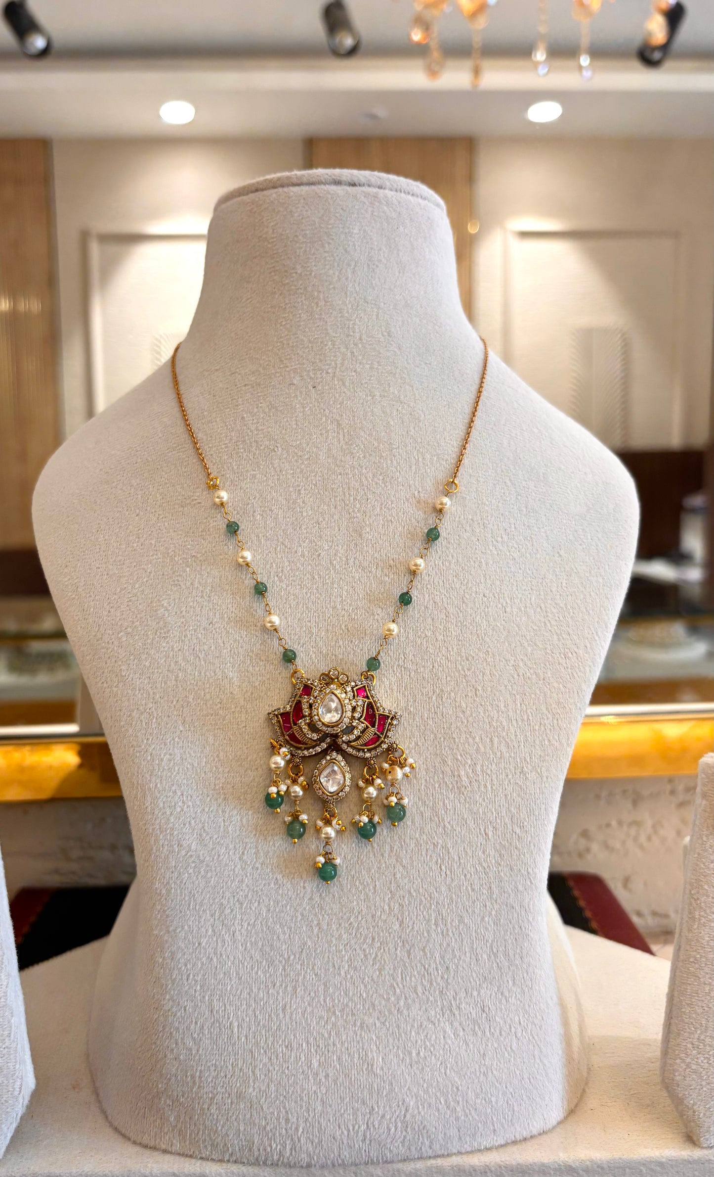 Lotus inspired rani pink & mint pearl pendant necklace