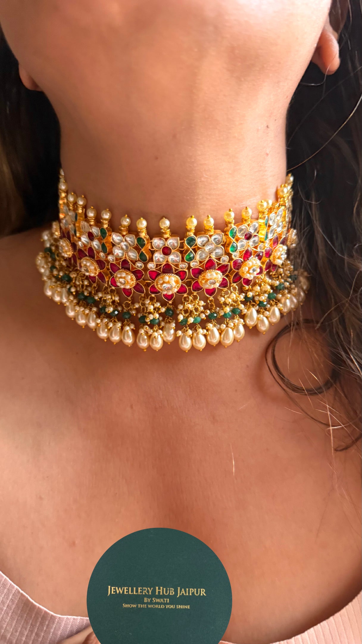 Emerald & ruby Paachi Kundan with tear drops choker necklace