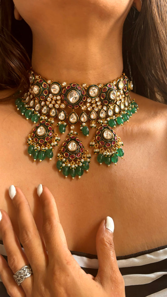 Emerald ruby Moissanite polki choker