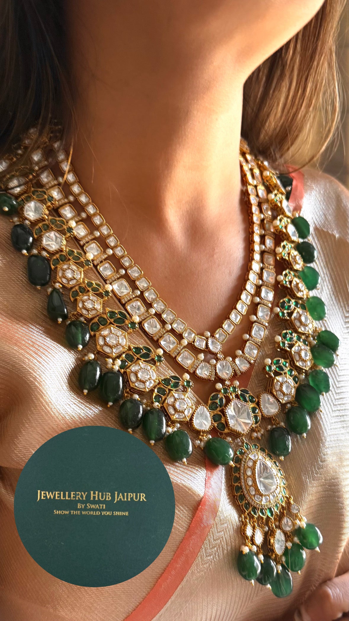 Rituraj Emerald moissanite polki triple layer designer necklace