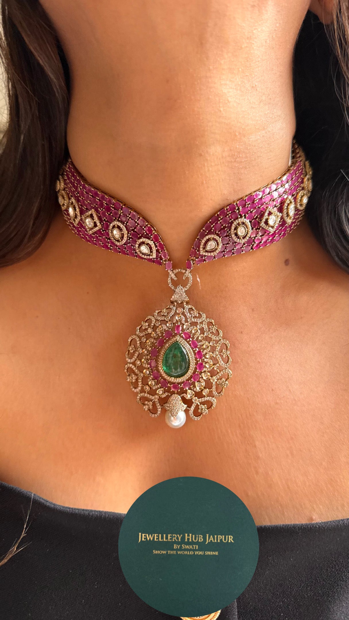 Emerald & rani pink with pearl cocktail Necklace