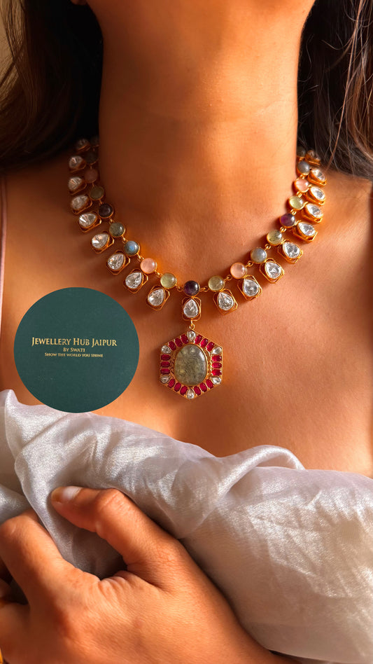 Amrapali inspired Natural stone Mint doublet with navratna collar set