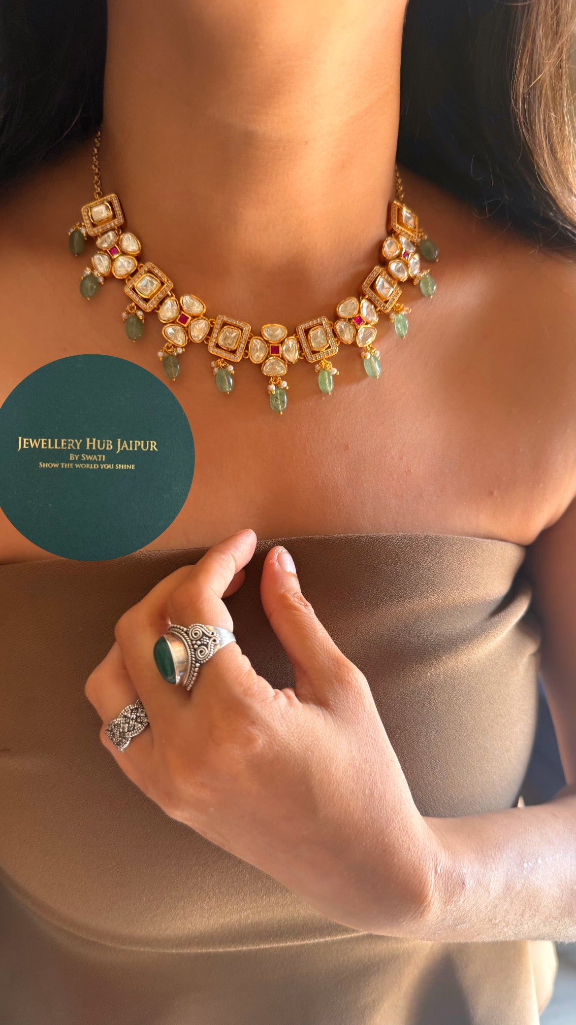 Real moissanite rani pink floral & mint drop collar set