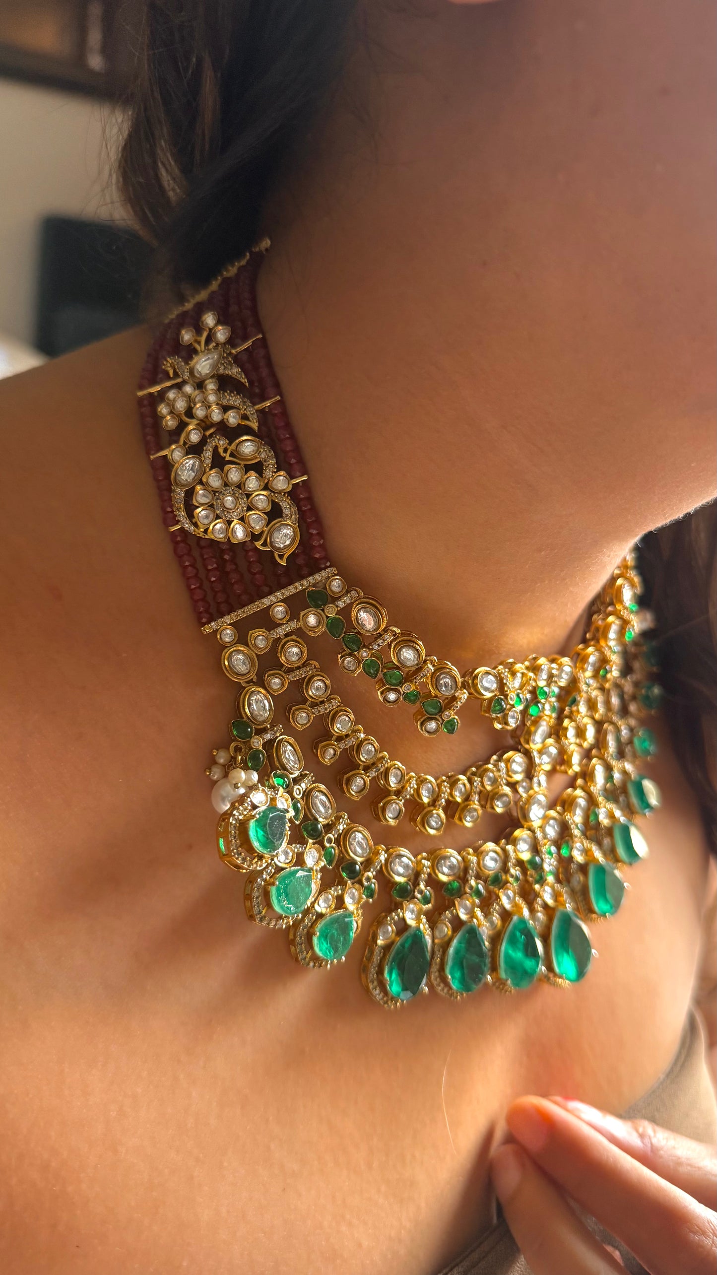 Emerald doublet & ruby polki work necklace