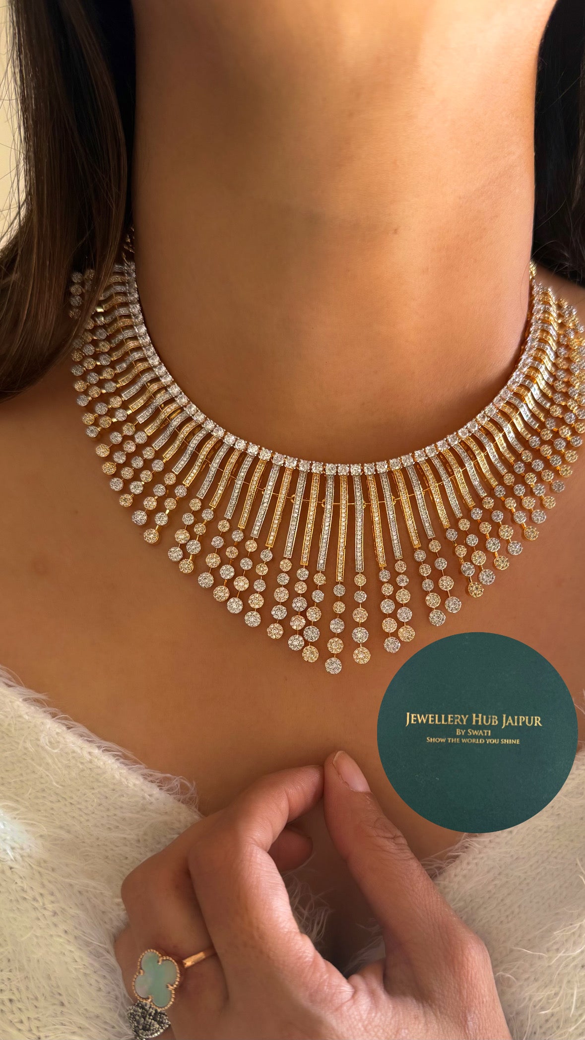 Gold & silver polish rain drop diamond necklace
