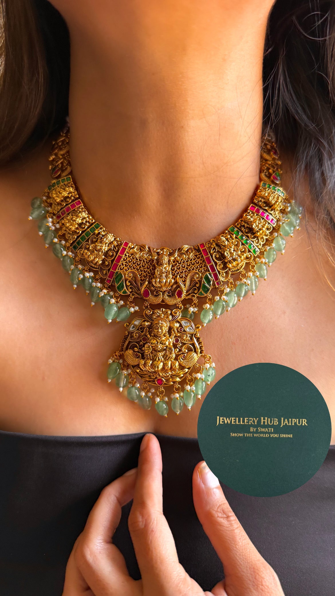 Goddess laxmi on lotus with mint drop temple collar set
