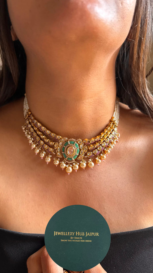 Mint with rose quartz pearl detailing thread choker