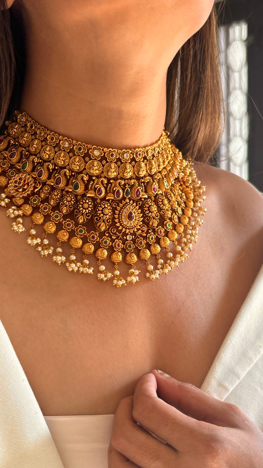 Rajwada nakashi emerald & ruby oxidised gold necklace