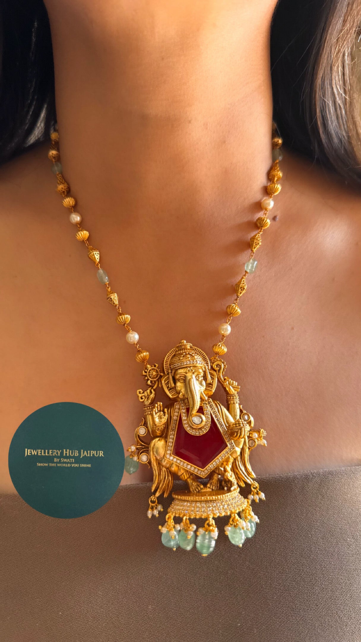 Ganeshji inspired ruby with mint drops Pendant set