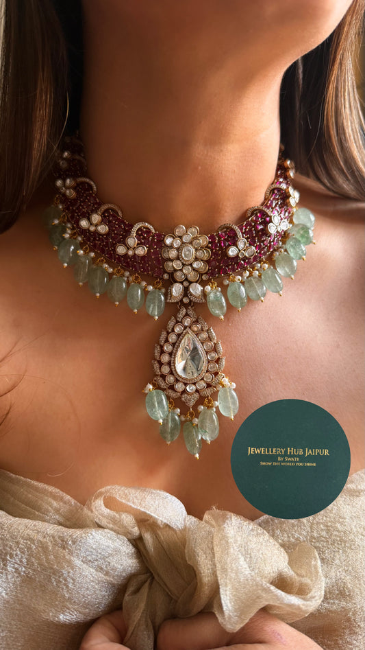 Bridal asia real Moissanite rani pink ruby & mint choker