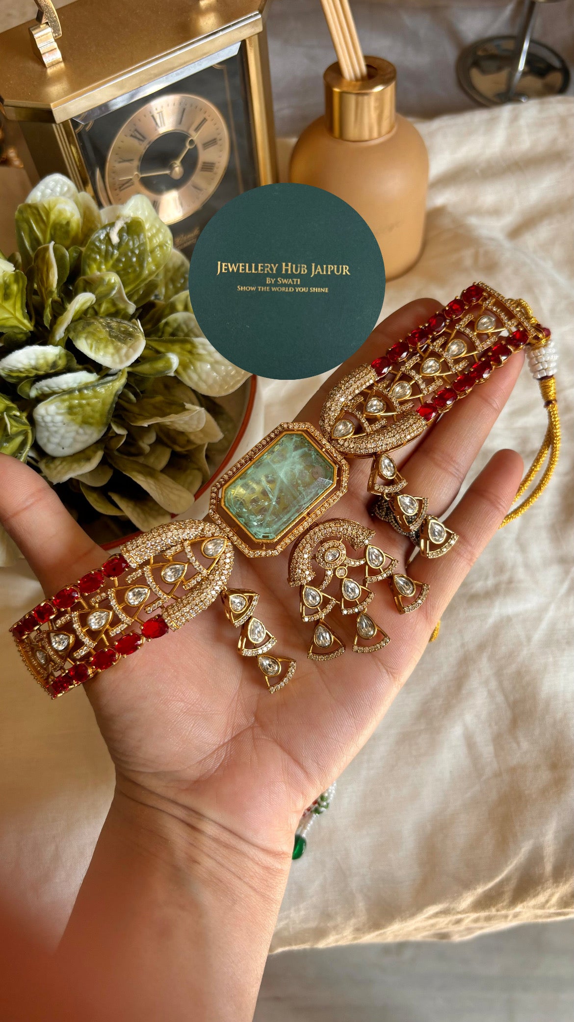 Noor Mint ruby designer polki choker necklace with earrings