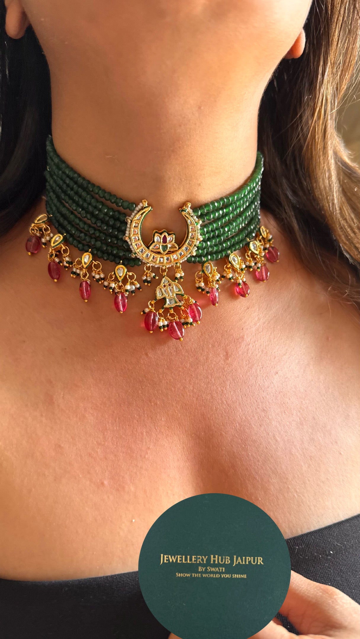 Moon shape emerald meenakari work with rose quartz drop Necklace