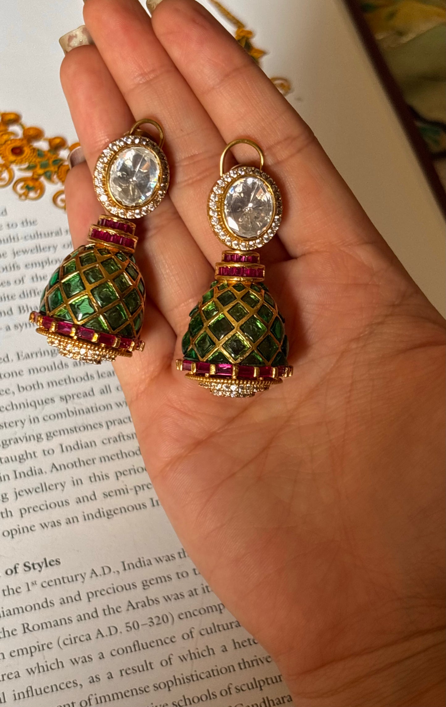 Emerald & Rani pink ruby meenakari Danglers