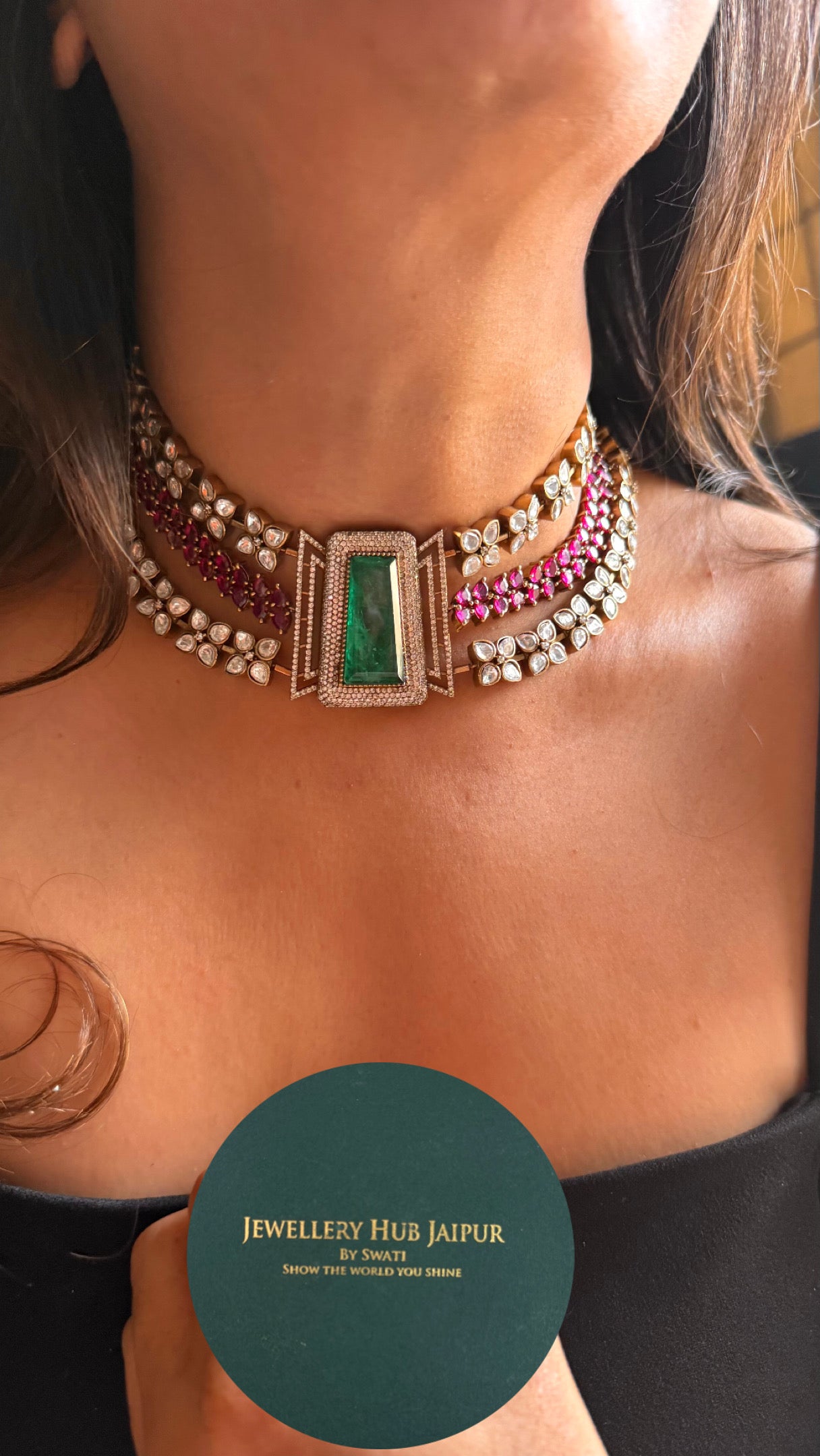 Emerald doublet & rani pink takkar work designer Necklace