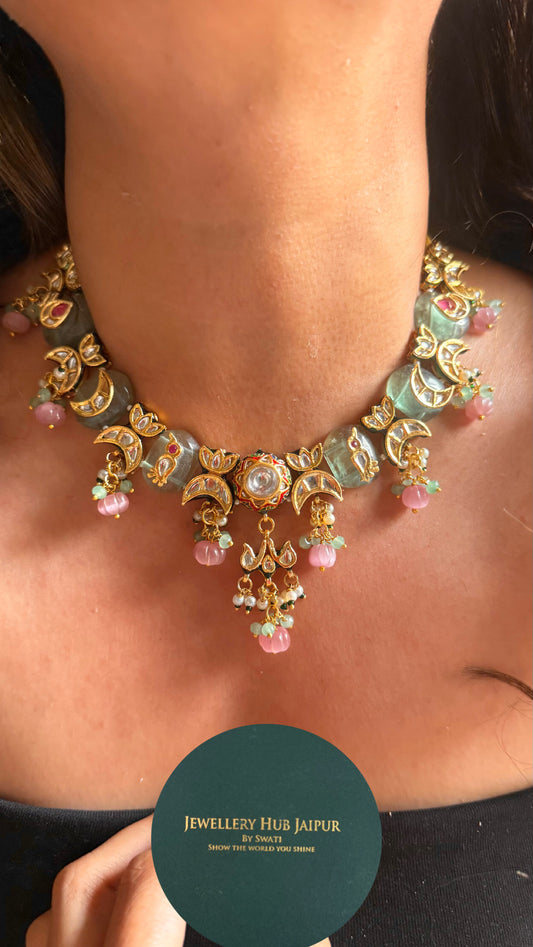Meenakari mint inlay with rose quartz drop collar Necklace