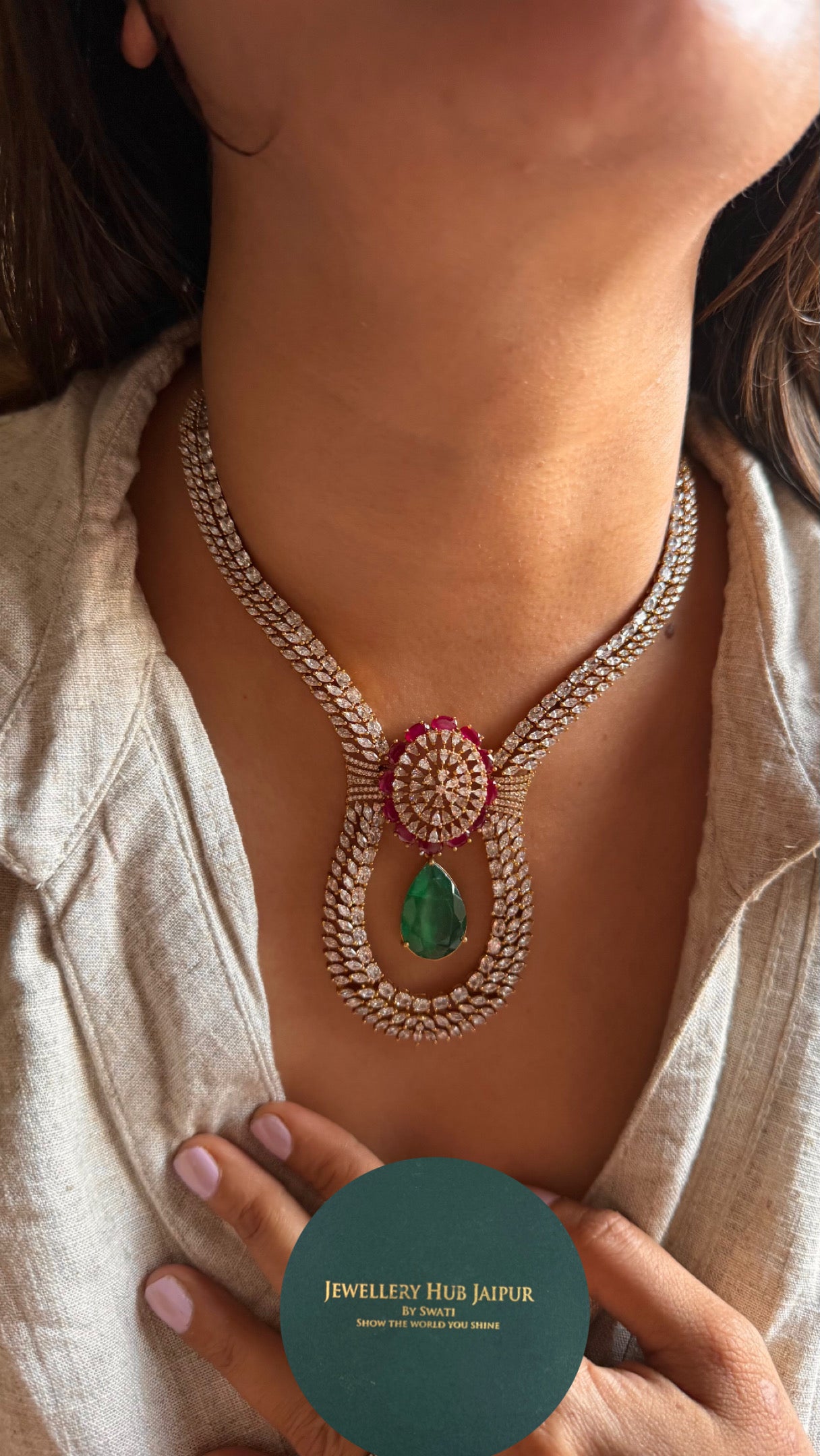 Emerald & Rani pink doublets with cz diamond Necklace