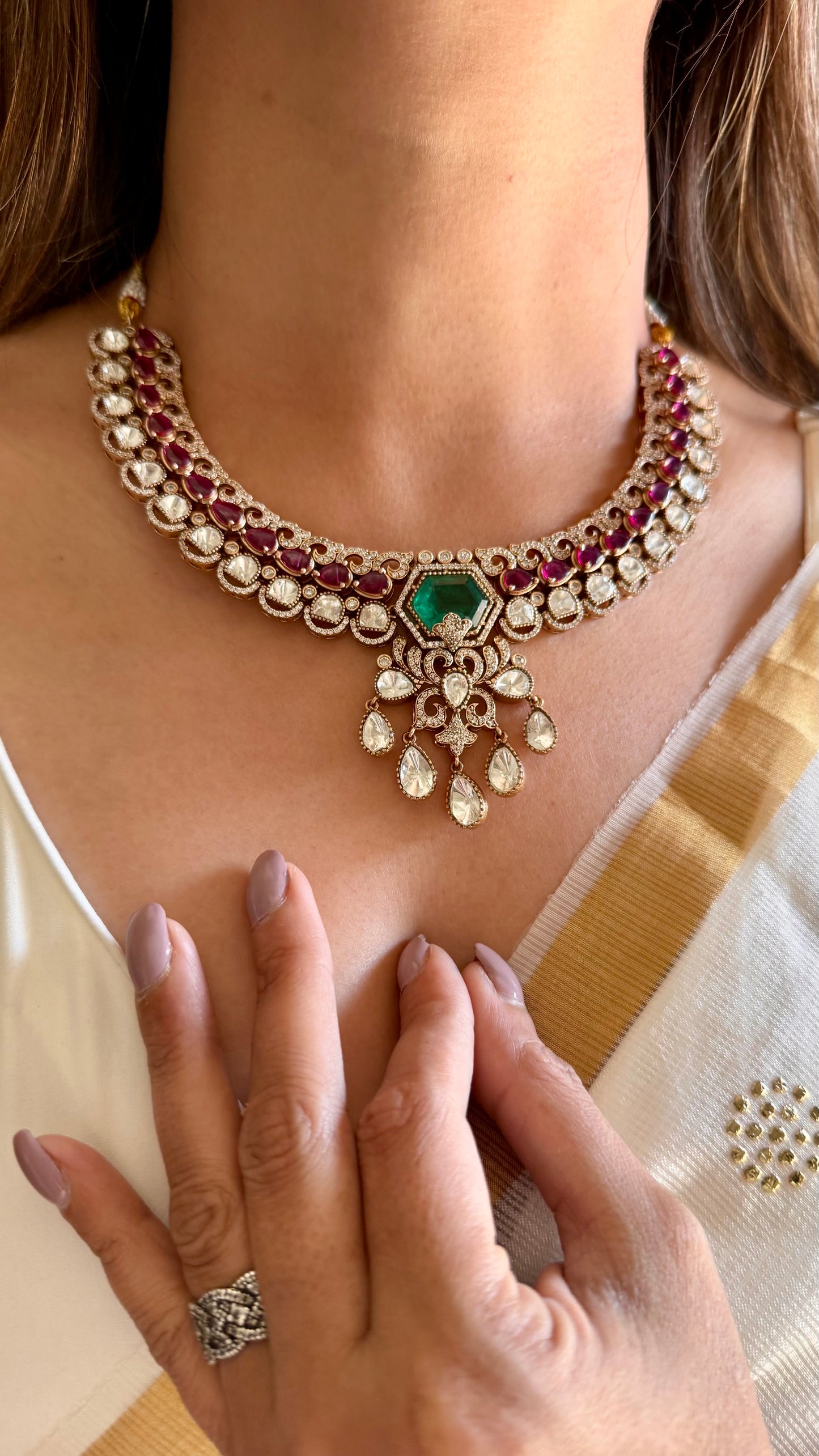 Emerald doublet ruby moissanite polki collar necklace