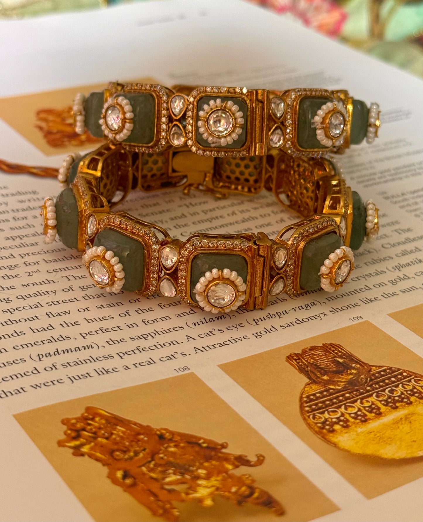 Mint stone with floral pearl detailing openable Bangles