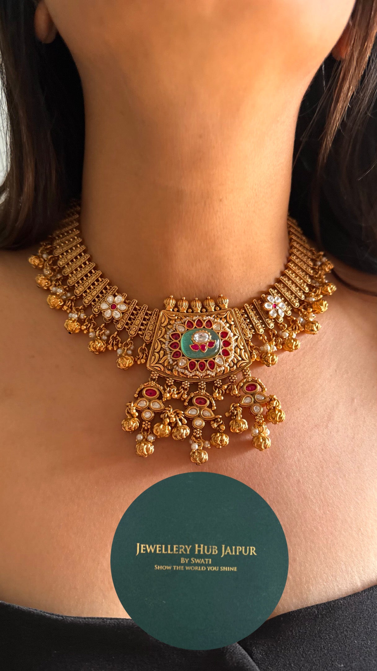 Rajwadi gold mint inlay necklace