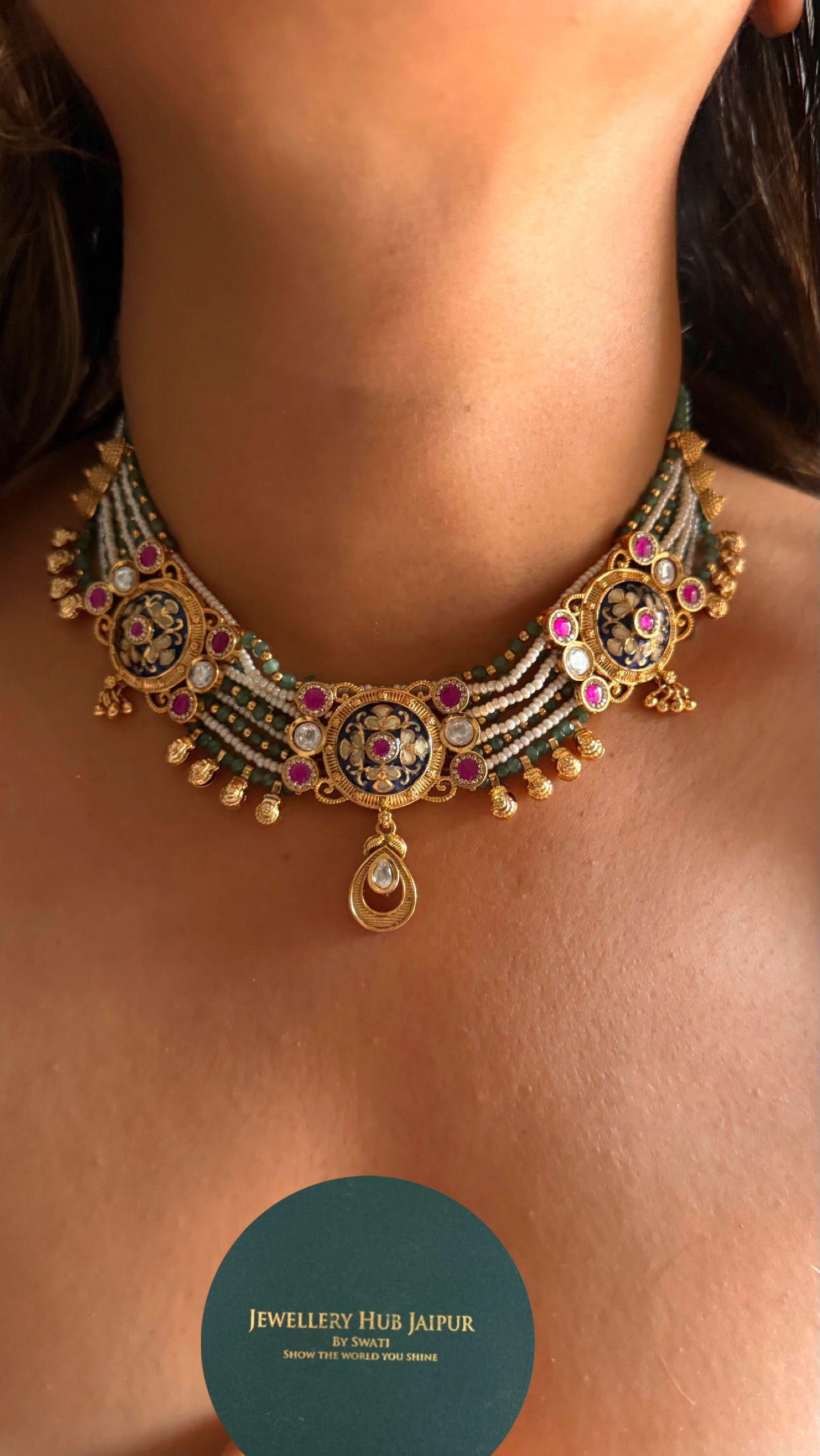 Sapphire inlay carved with emerald detailing heritage Necklace