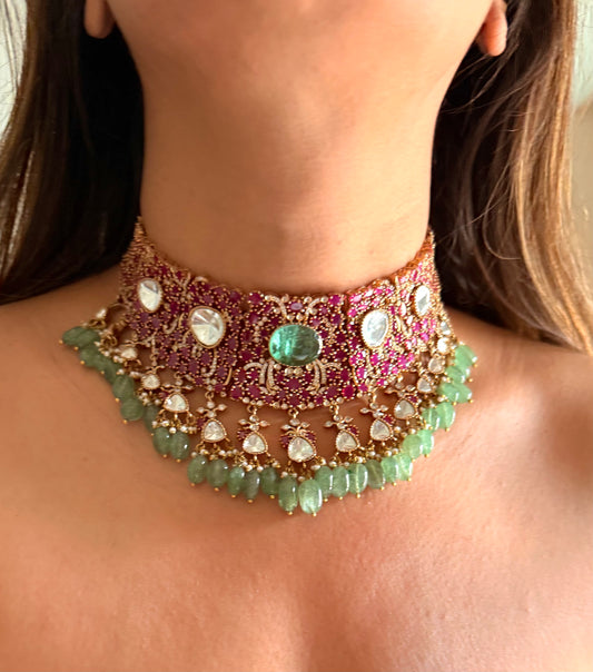 Rani pink moissanite & mint doublet polki choker