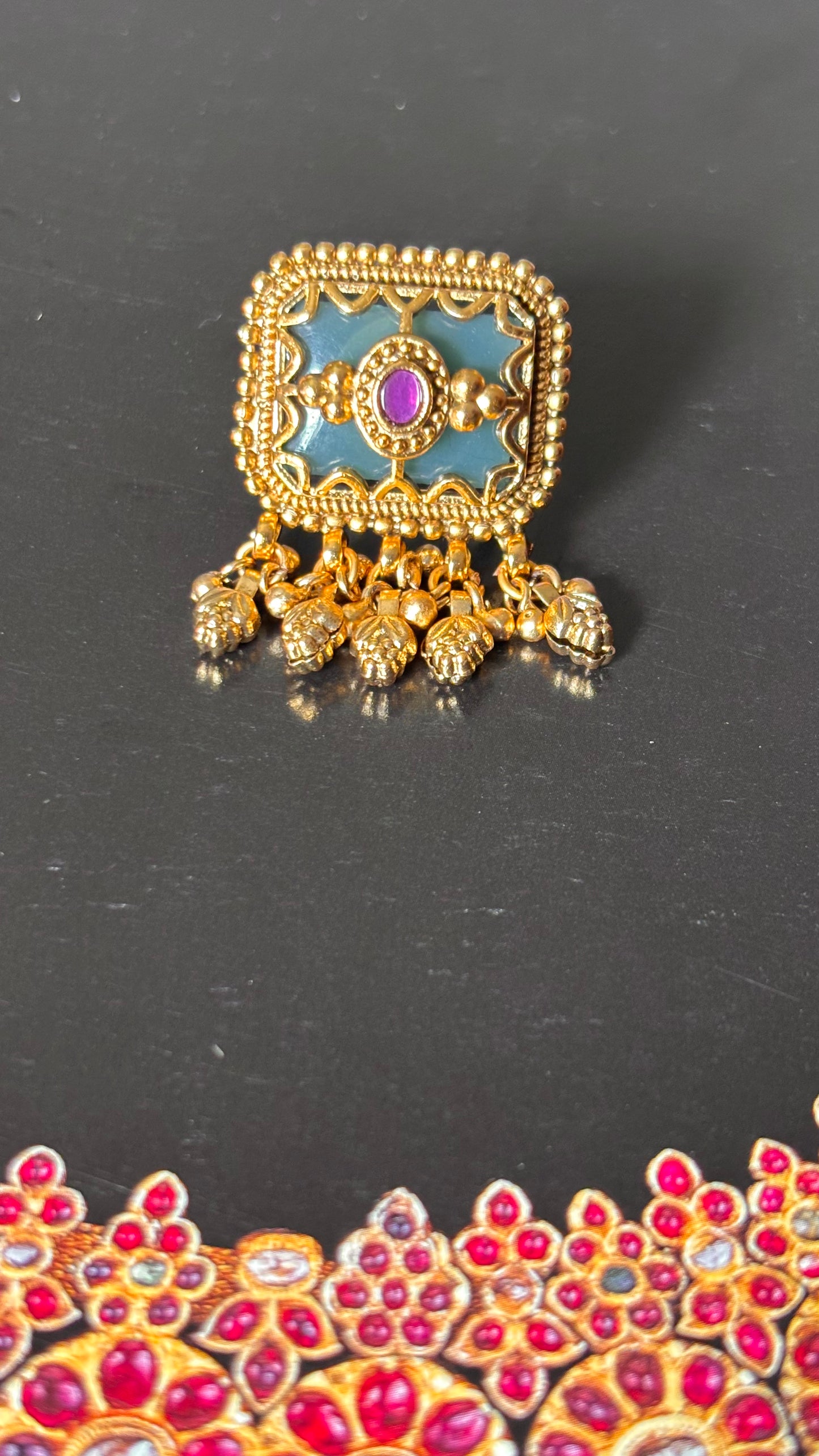 Rani pink with gungroo drops golden adjustable ring