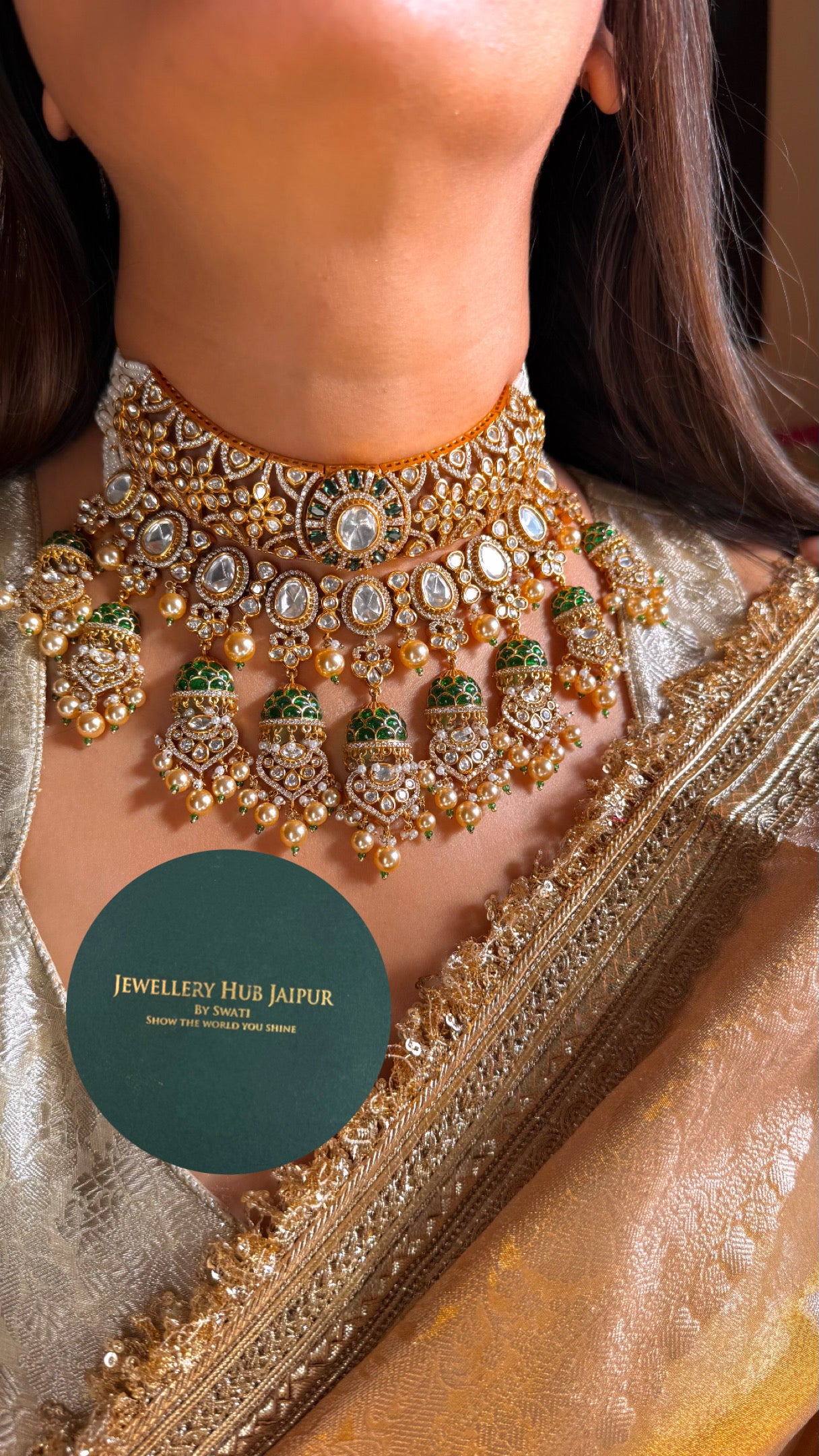 Emerald dual layer real Moissanite takkar work bridal choker