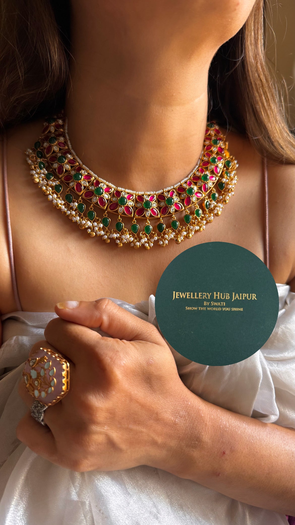 Amrapali inspired Natural stone Rani pink & emerald rajwada aad style set