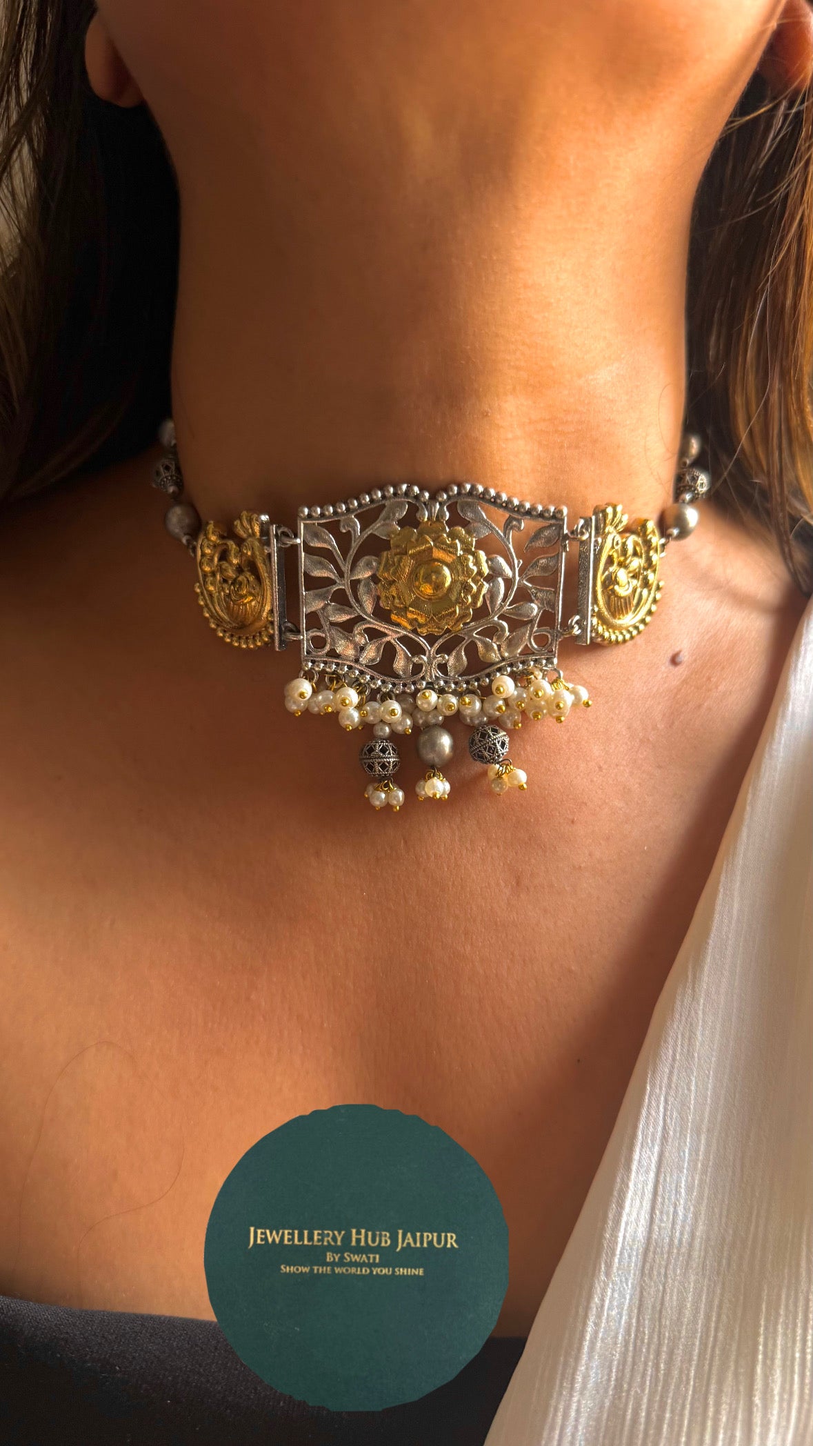 Tribal jodaro Golden Floral Pearl Drop Choker