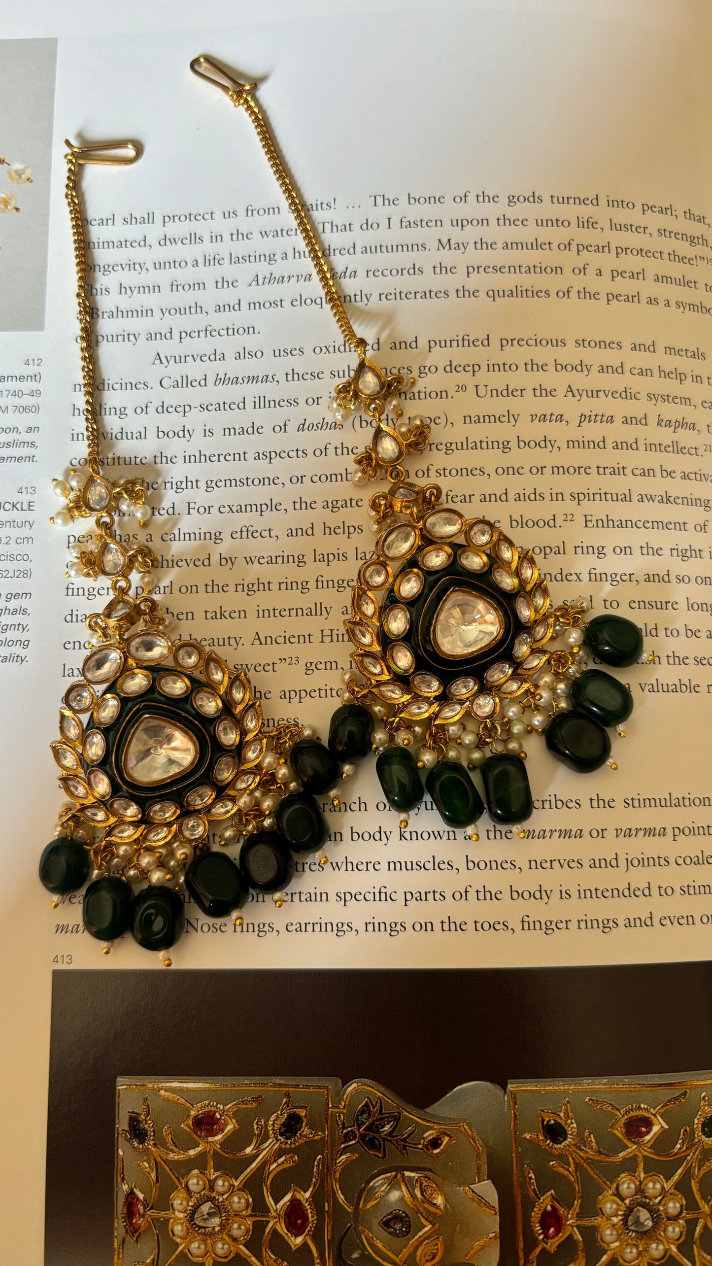 Emerald long meenakari polki studs with polki ladi